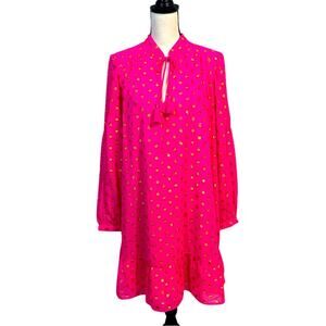 Crown & Ivy Hot Pink Metallic Gold Polka Dot Shift Dress Size Large